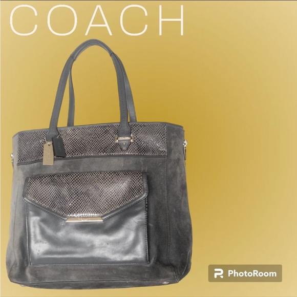 COACH Grey Large Carryall Suede Leather Tote Large Expandable Zipper Snakeskin - Picture 15 of 15